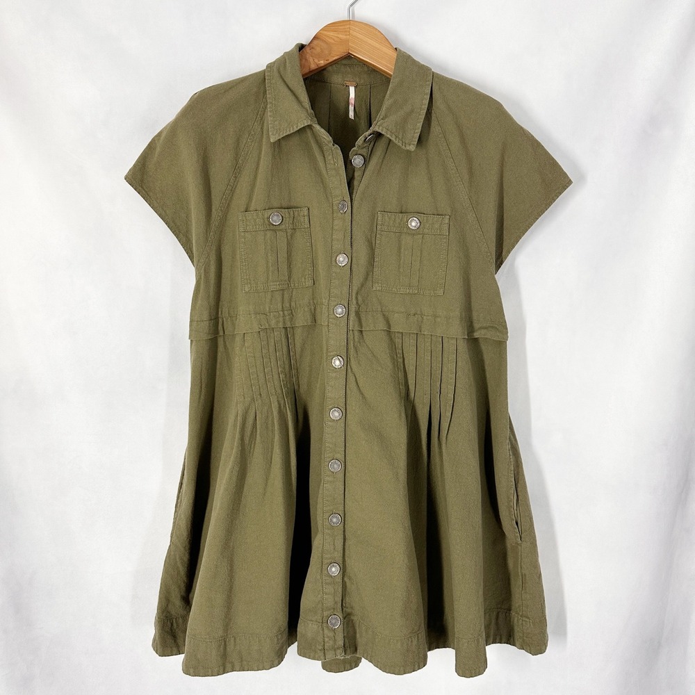 Free People Cotton Ronnie Short Sleeve Olive Green Button Down Dress Size Medium - Picture 2 of 12